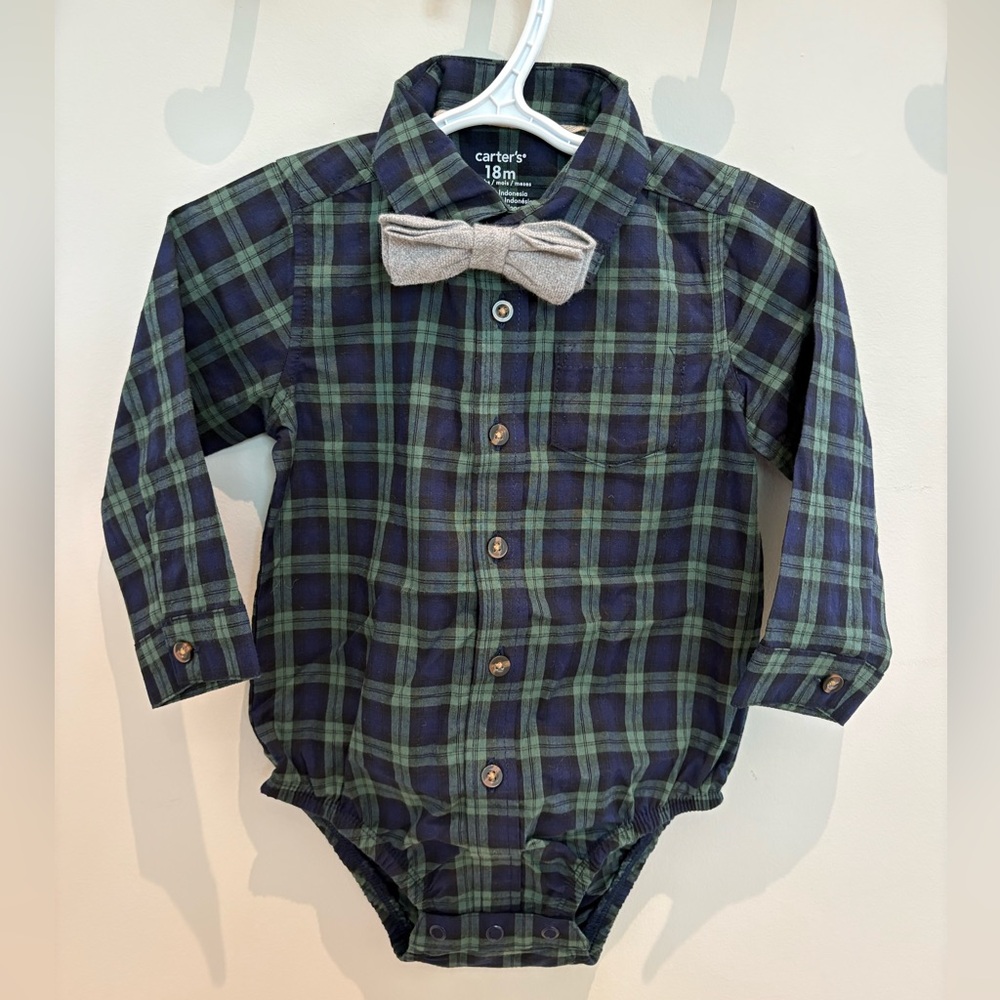 Carter's Navy & Green Plaid Button-Up One-Piece with Bow
